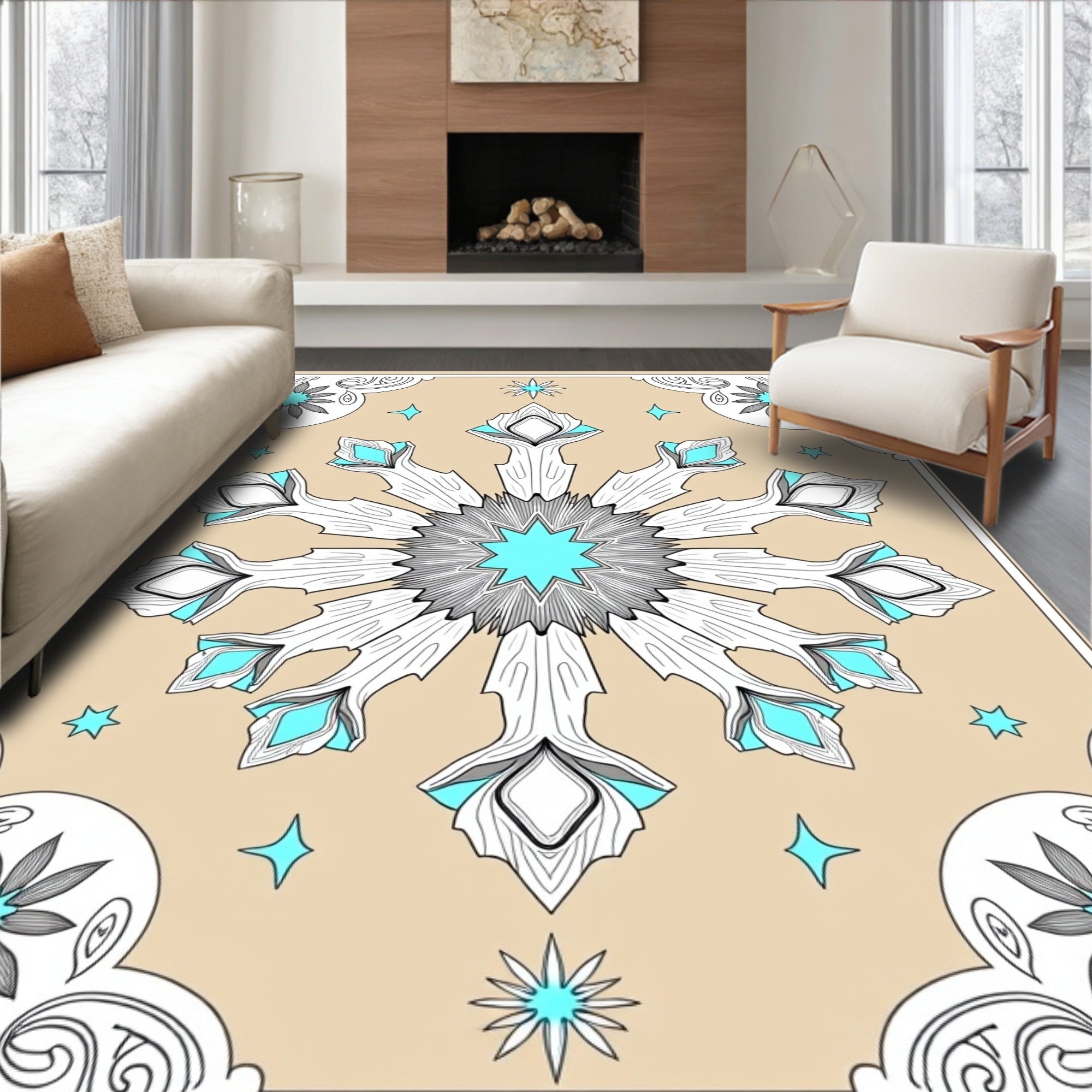 Icy Blue Geometric Snowflake Medallion Rug