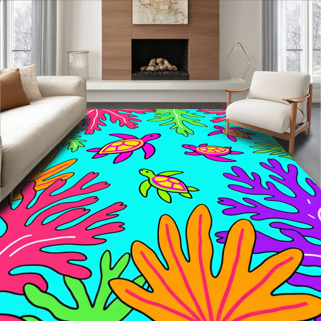 Vibrant Sea Turtle Coral Reef Rug