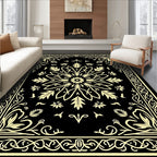 Black Cream Floral Medallion Border Rug