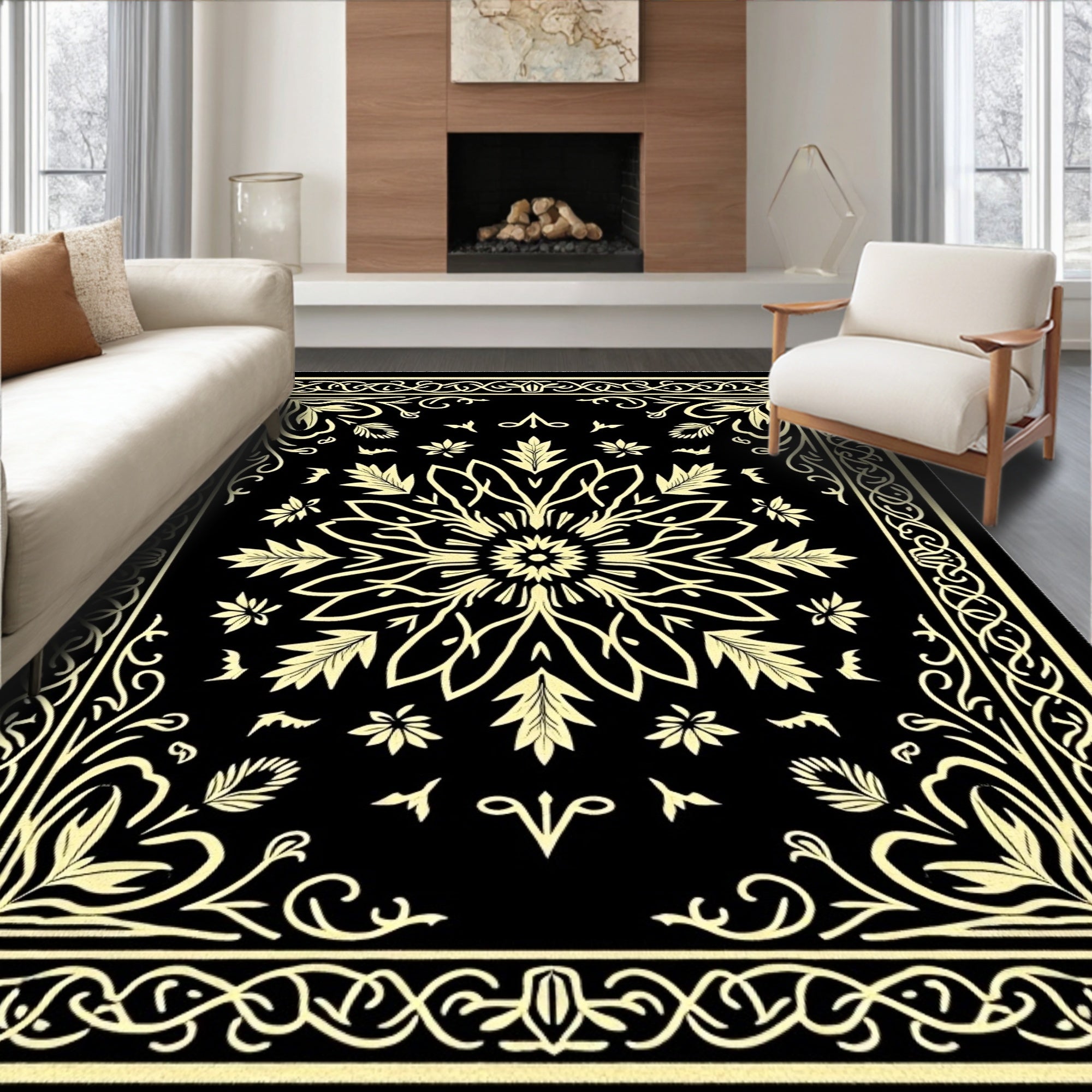 Black Cream Floral Medallion Border Rug