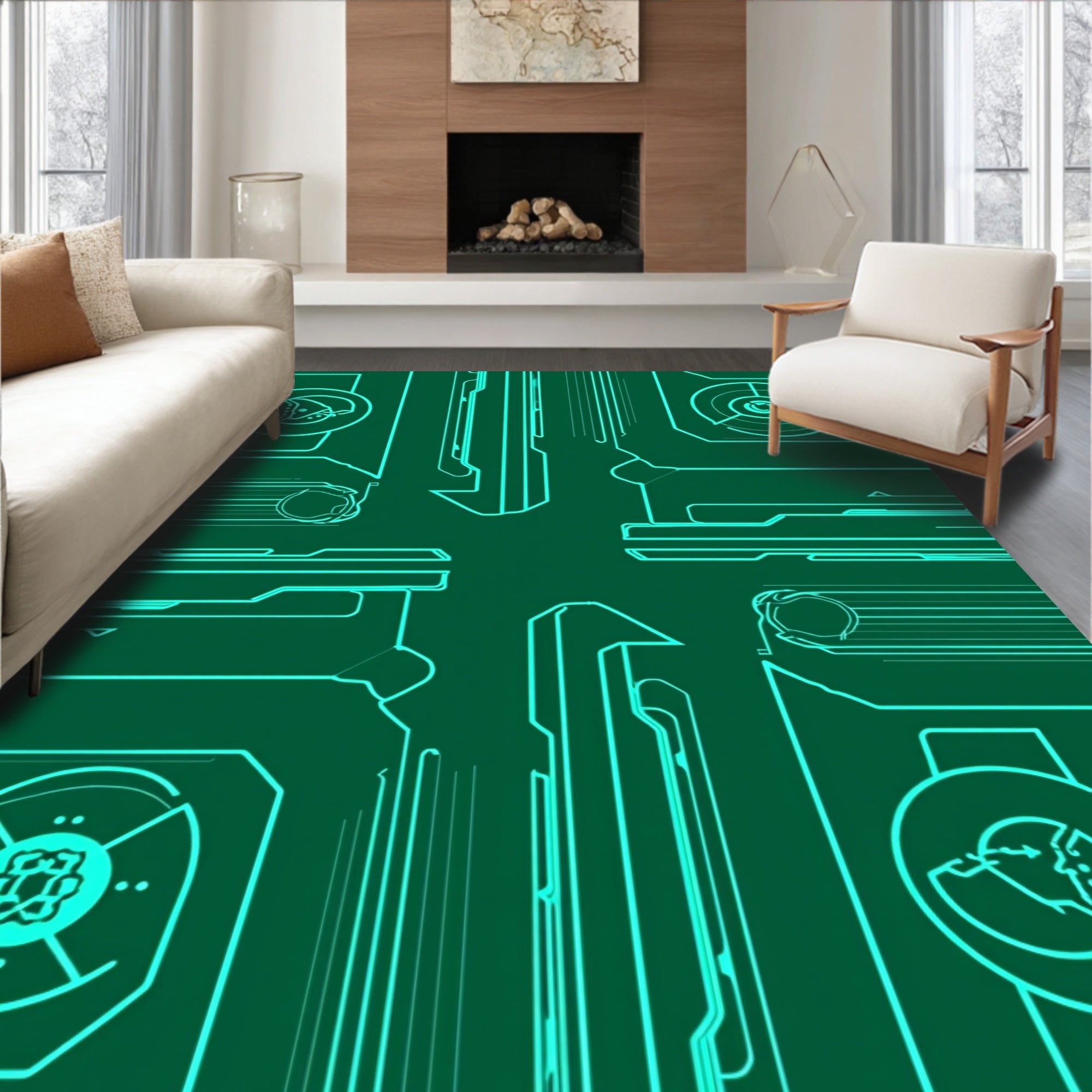 Teal Circuit Board Technology Rug