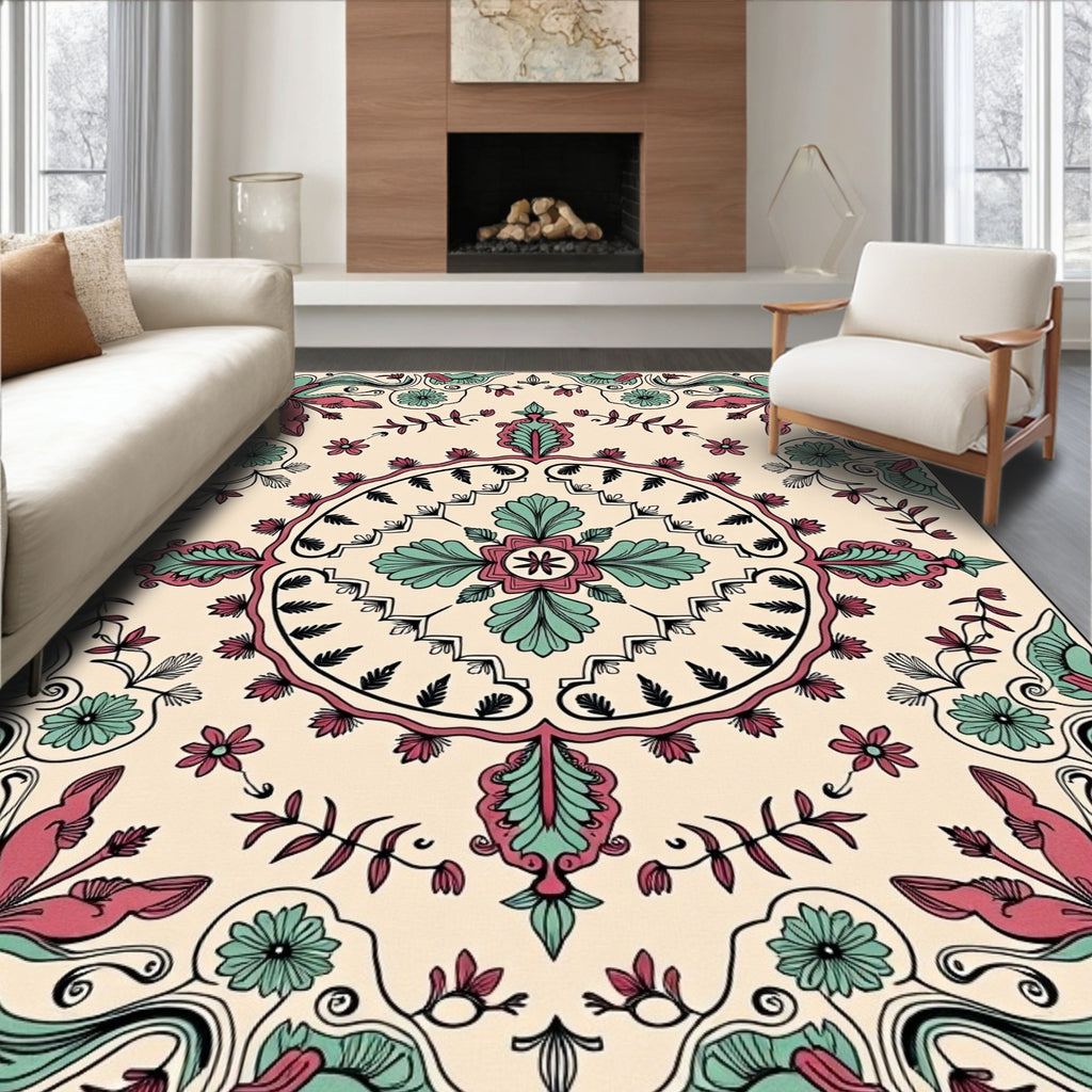 Crimson Teal Floral Medallion Border Rug
