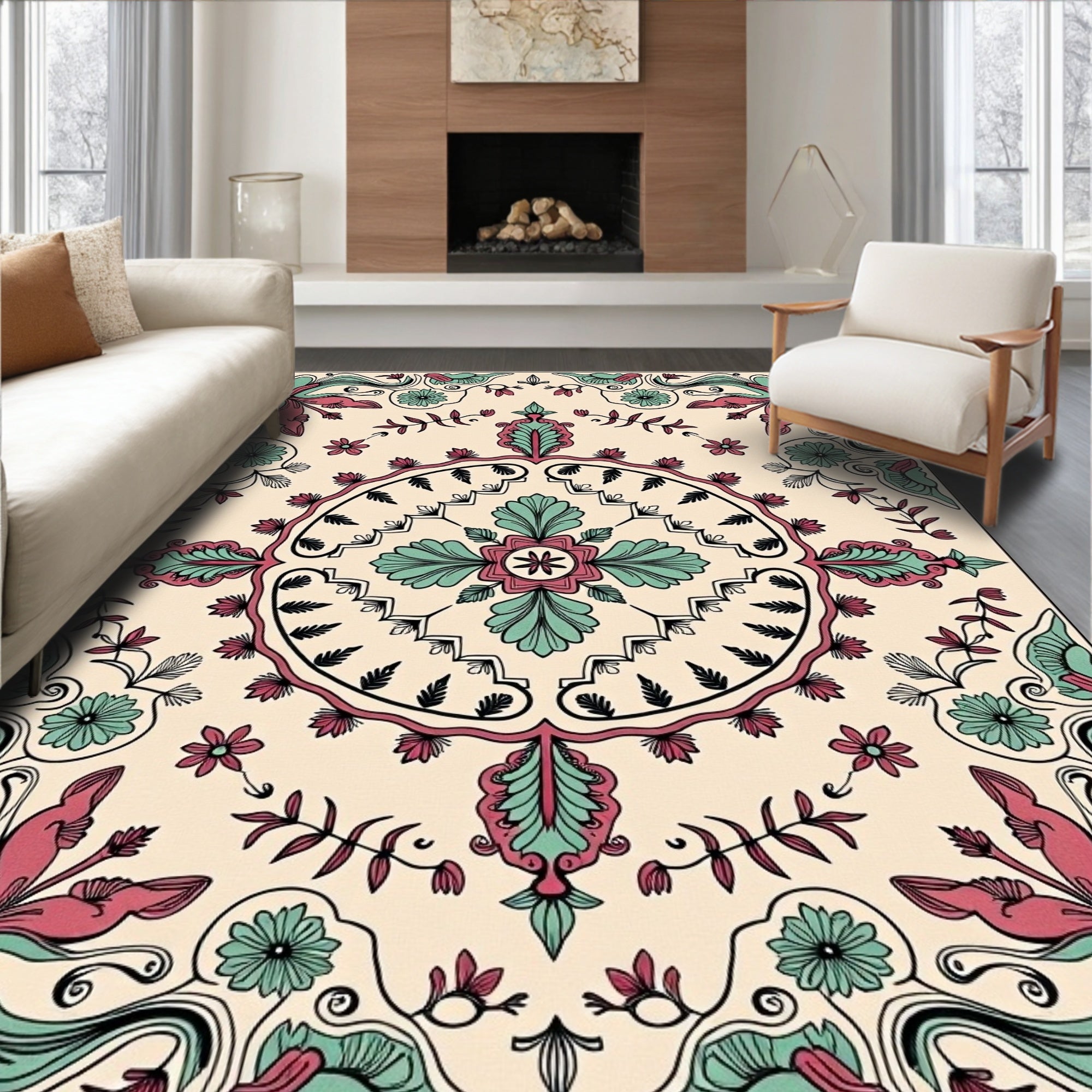 Crimson Teal Floral Medallion Border Rug