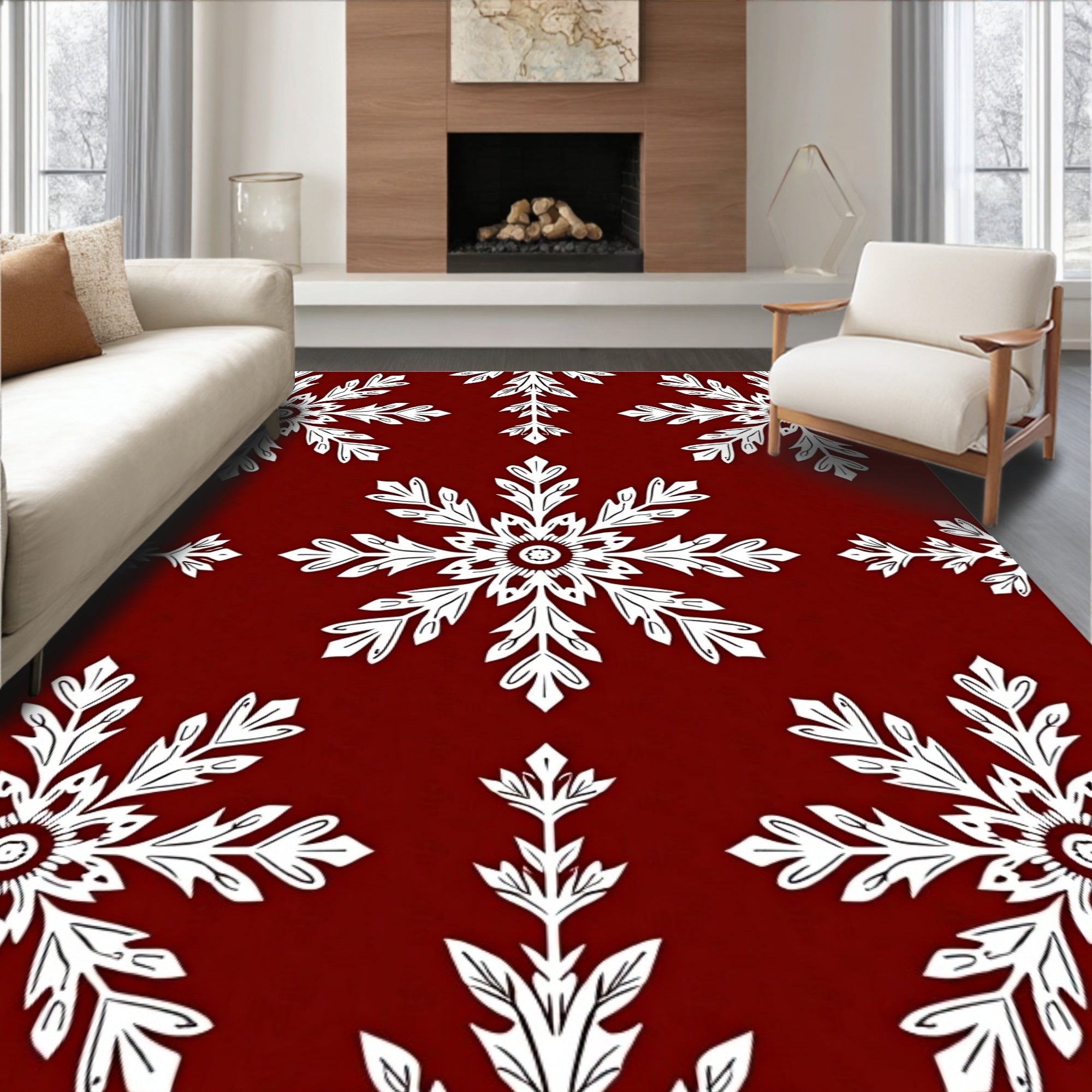 Classic White Snowflake Crimson Backdrop Rug