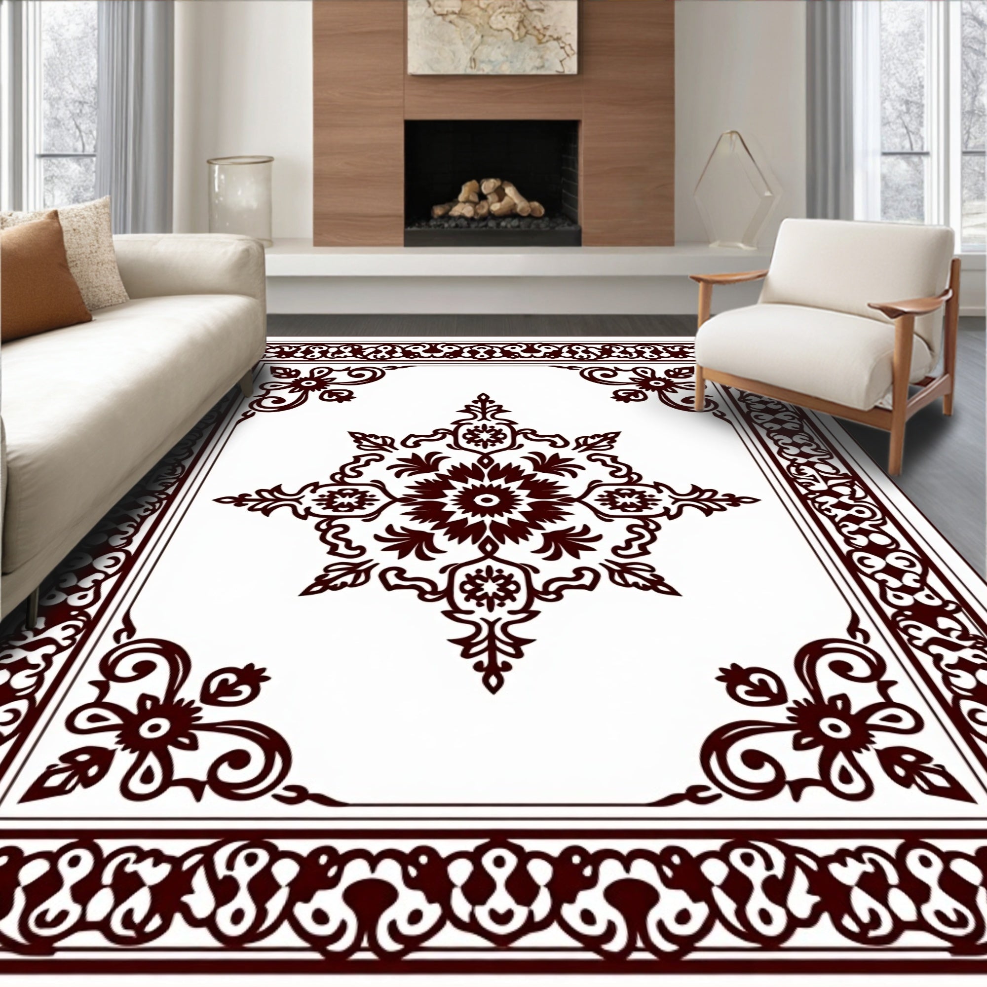 Deep Maroon Floral Medallion Border Rug