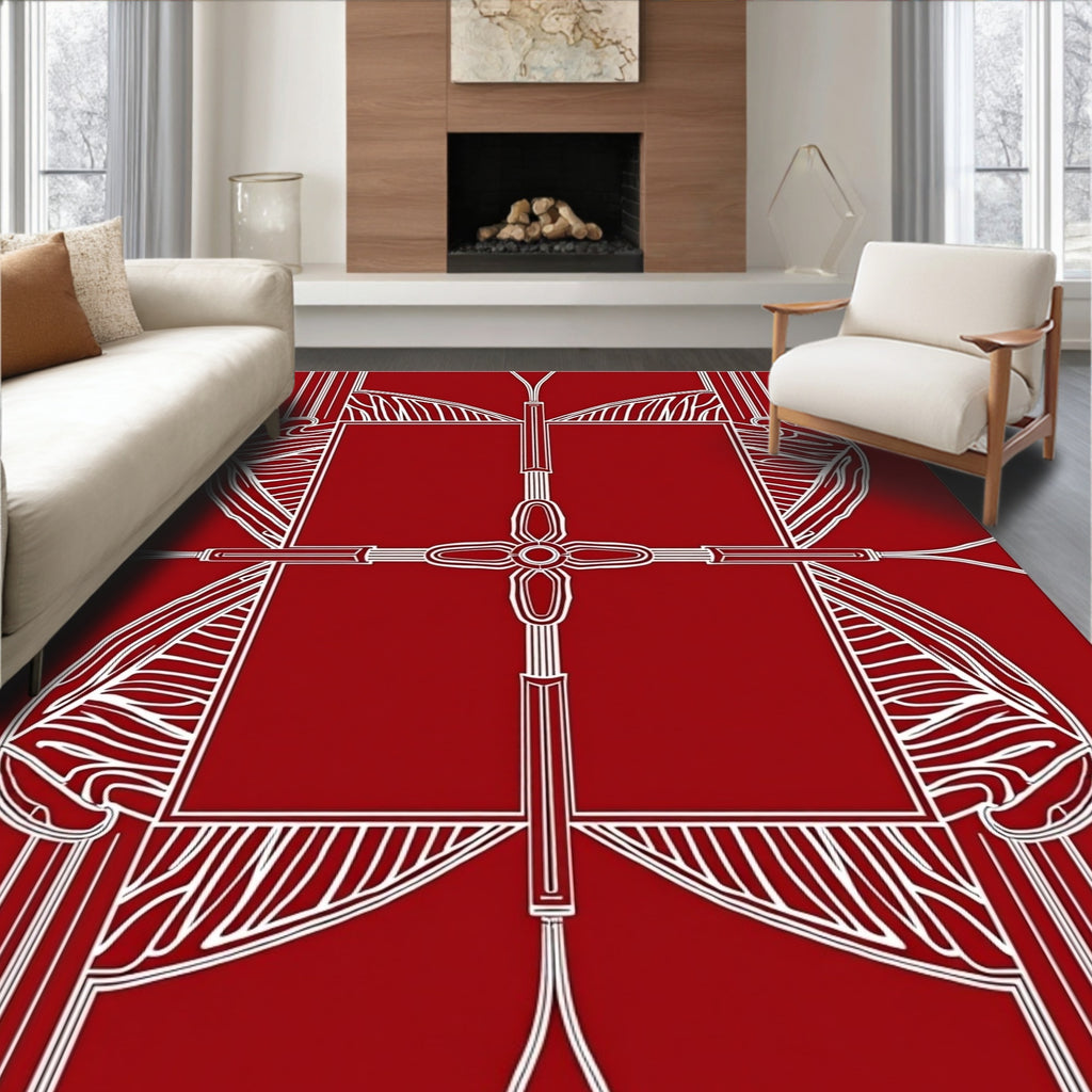 Crimson White Feathered Geometric Rug