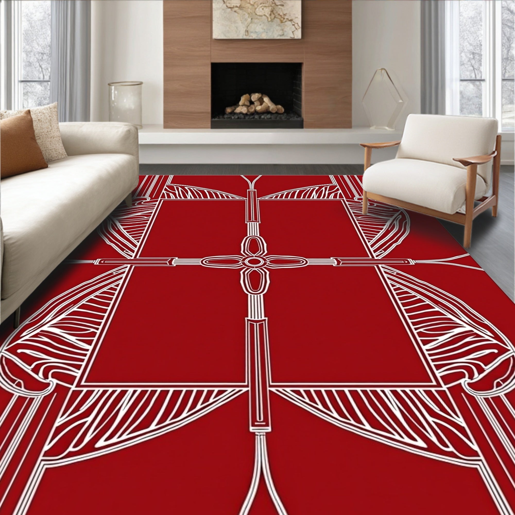 Crimson White Feathered Geometric Rug