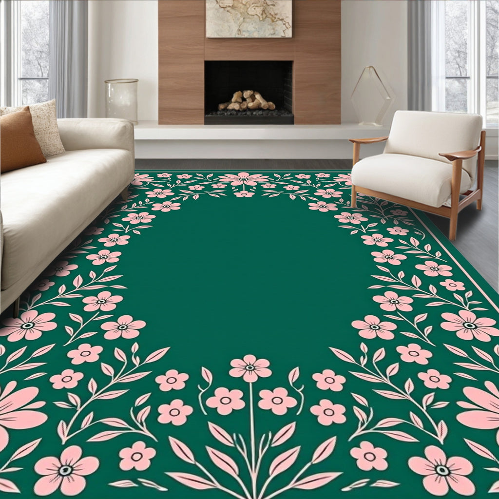Pink Floral Vine Border Teal Rug