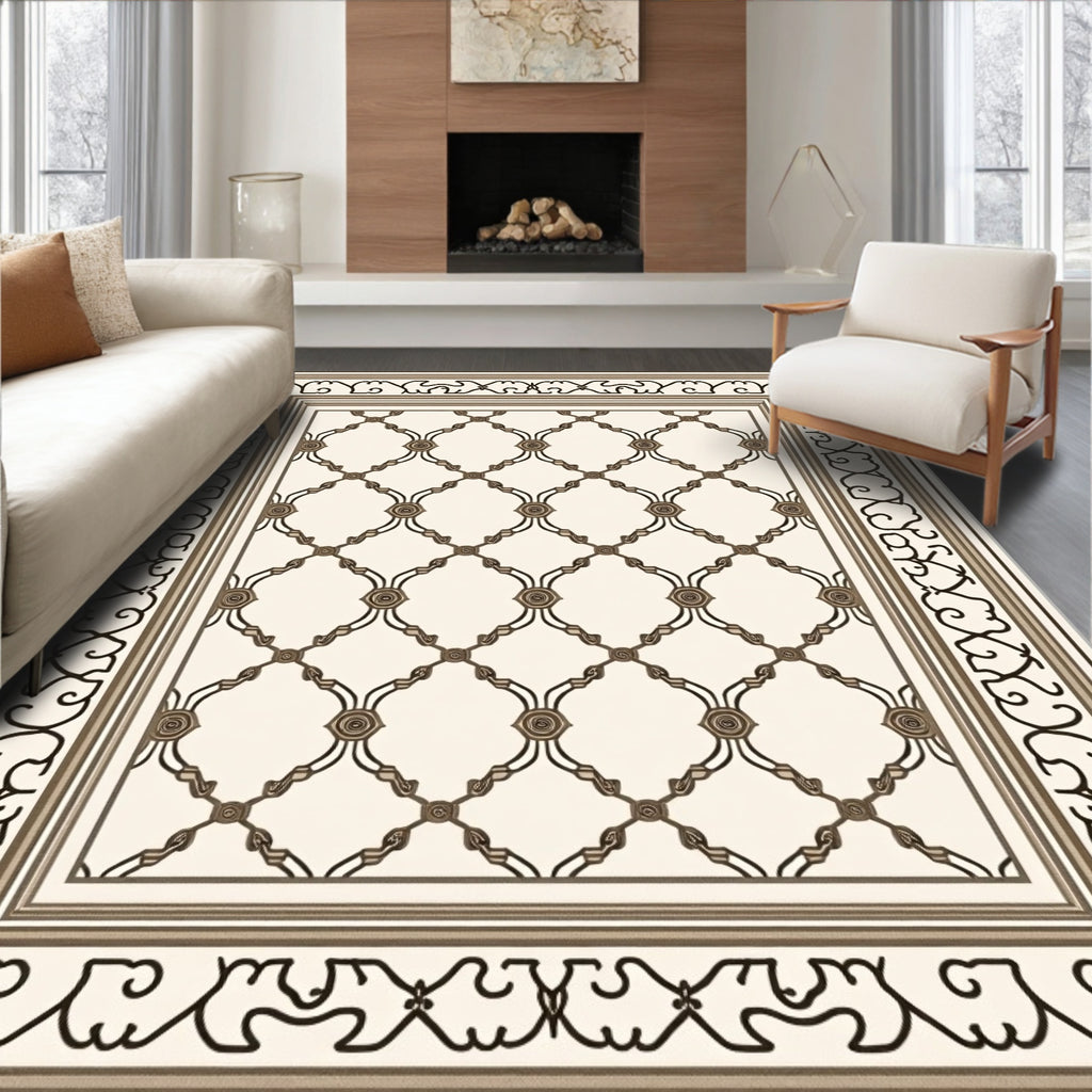Elegant Cream Brown Lattice Border Rug