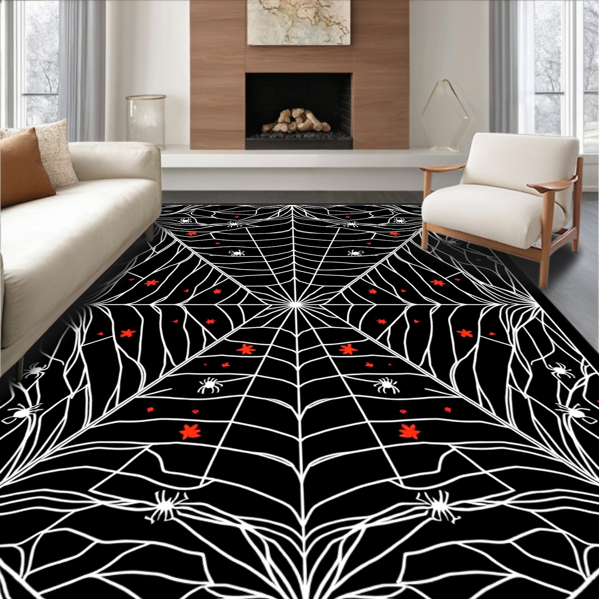 Black White Spiderweb With Red Accents Rug