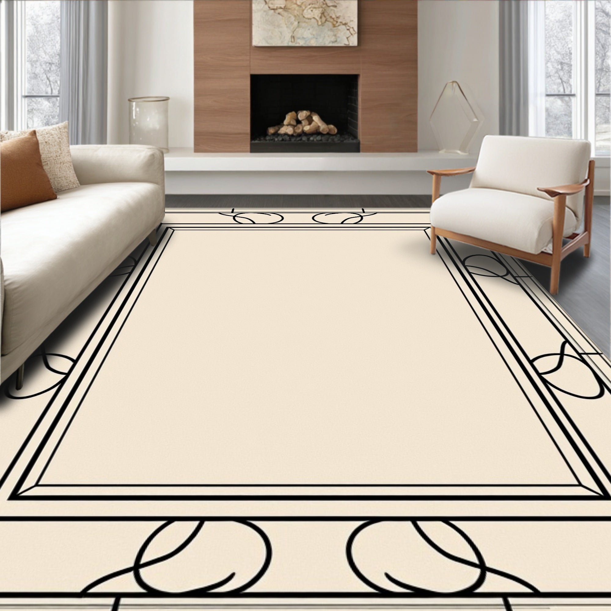 Elegant Cream Black Swirl Border Rug