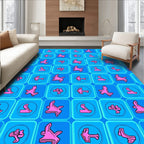 Bright Pink Abstract Shapes Blue Squares Rug