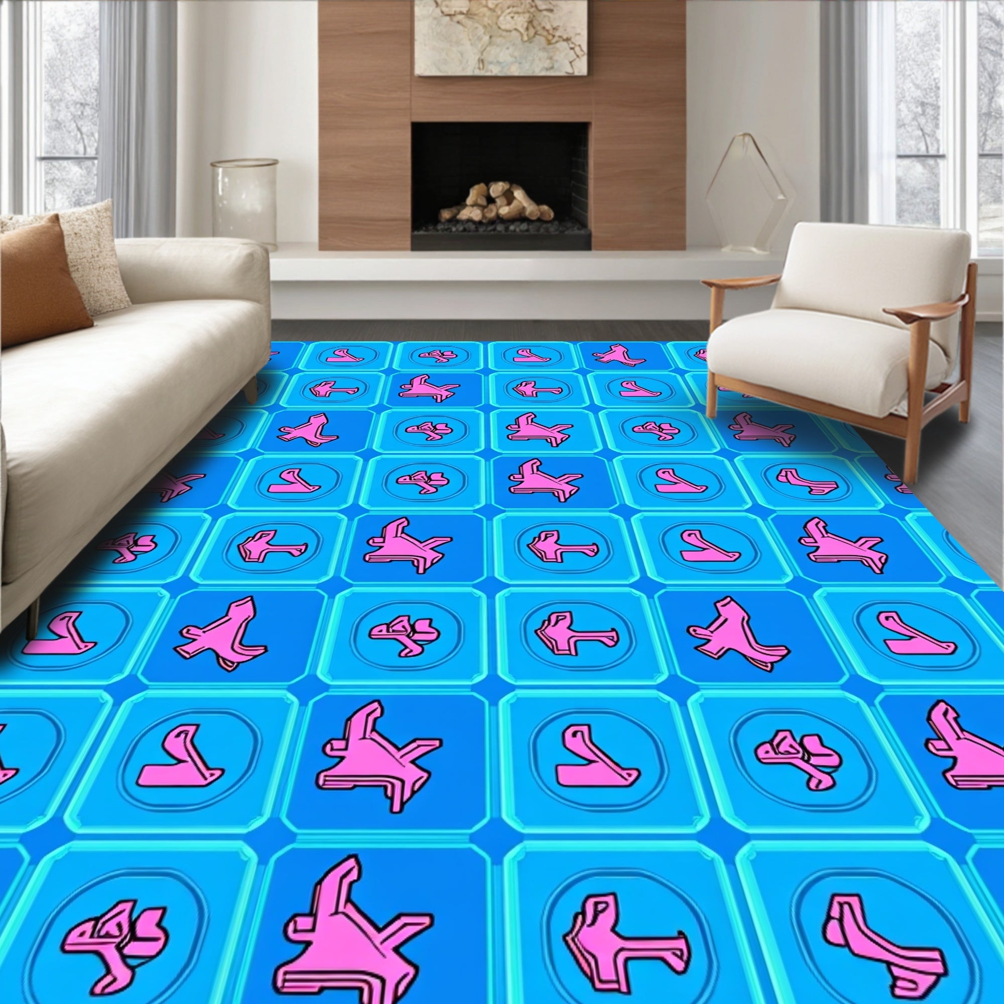 Bright Pink Abstract Shapes Blue Squares Rug