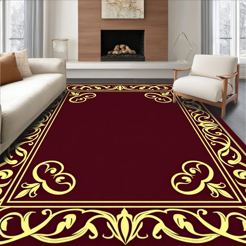 Rich Burgundy Golden Scroll Border Rug