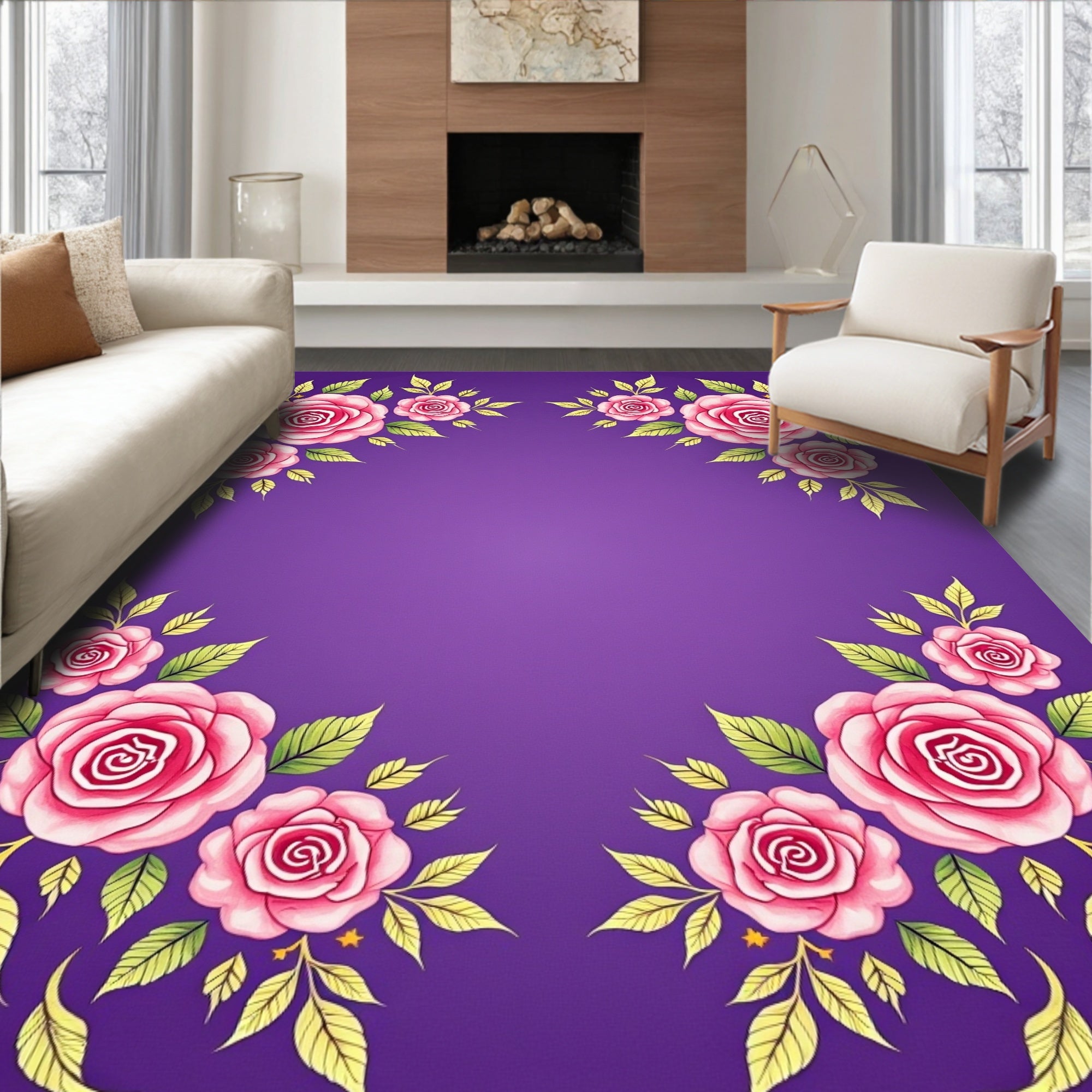 Pink Roses Floral Lavender Border Rug