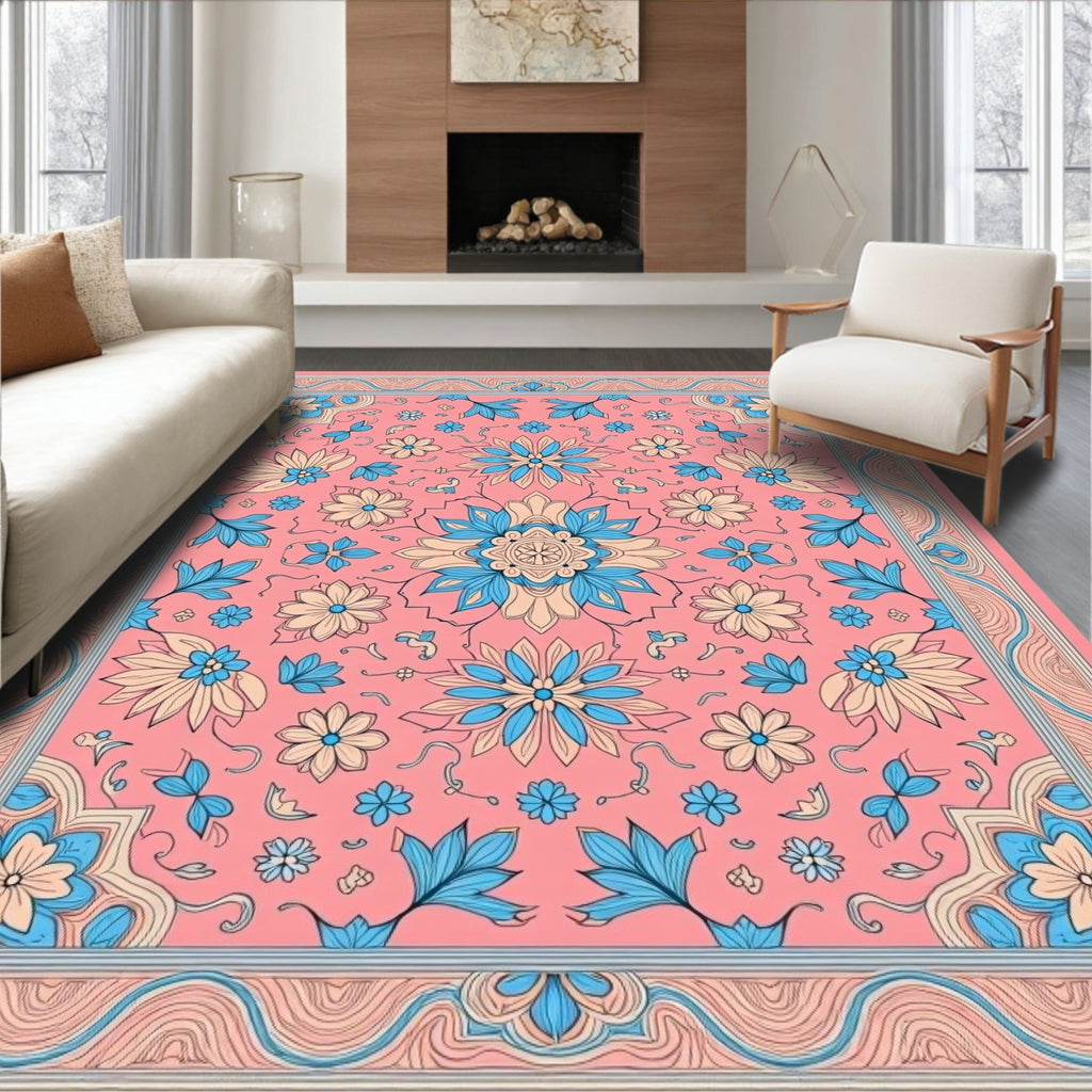 Pink Floral Medallion Blue Border Rug