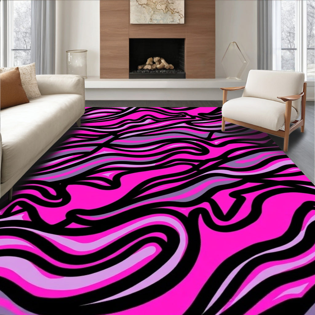 Dynamic Hot Pink Black Striped Waves Rug