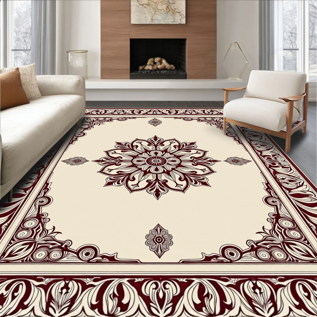 Rich Crimson Floral Medallion Border Rug