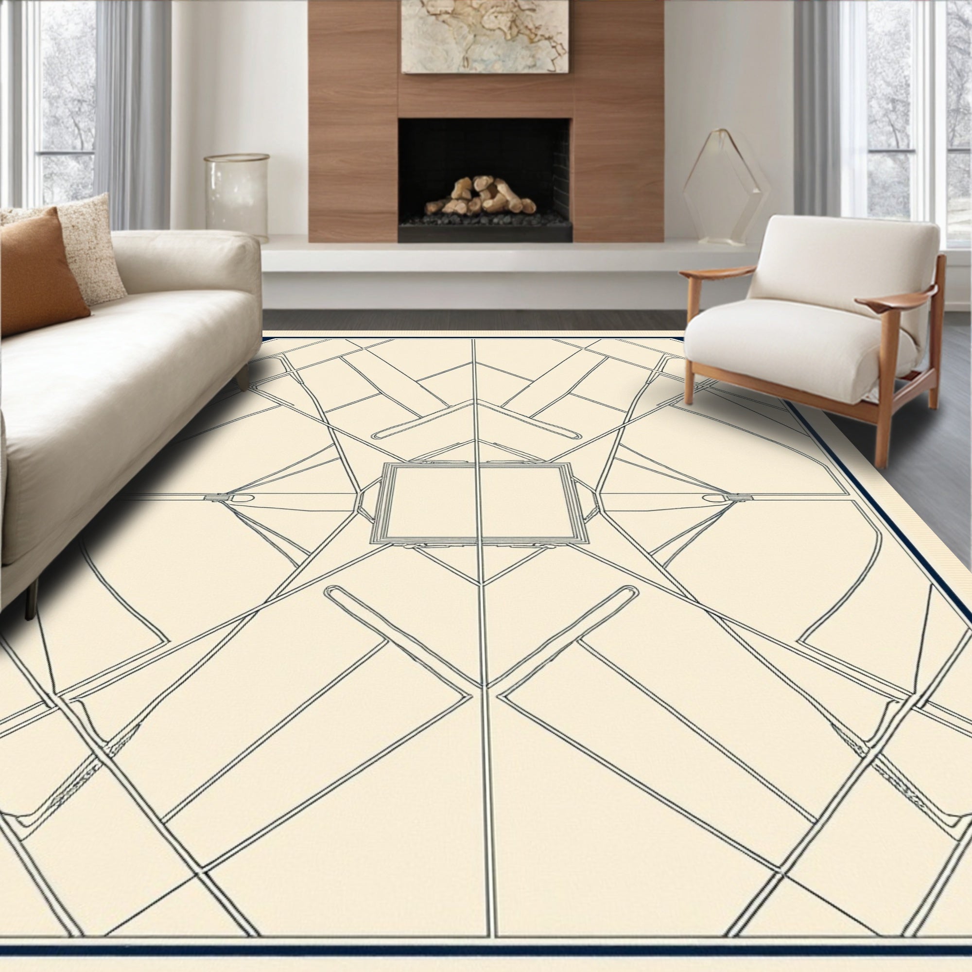 Navy Geometric Art Deco Outline Rug