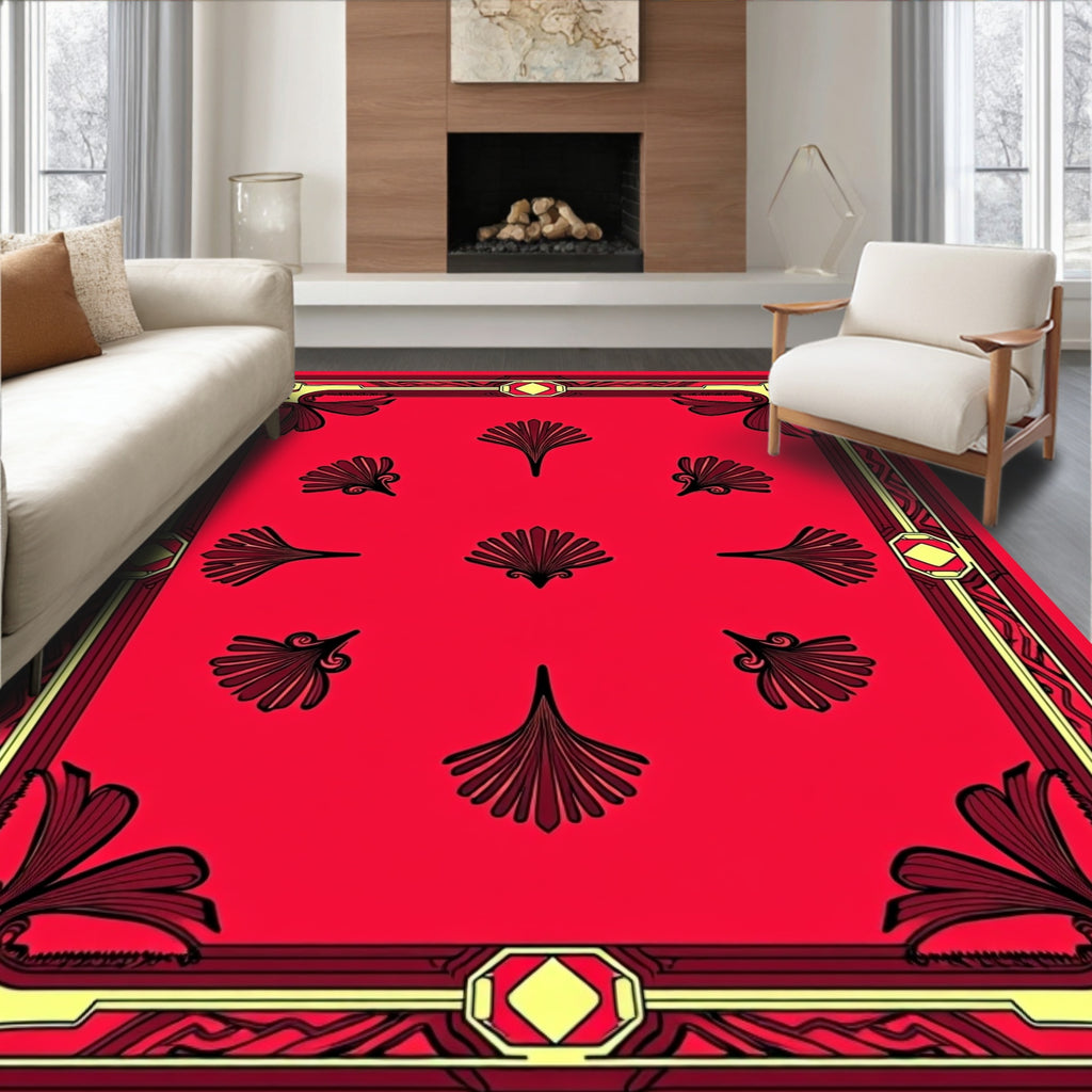 Crimson Yellow Fan Border Medallion Rug