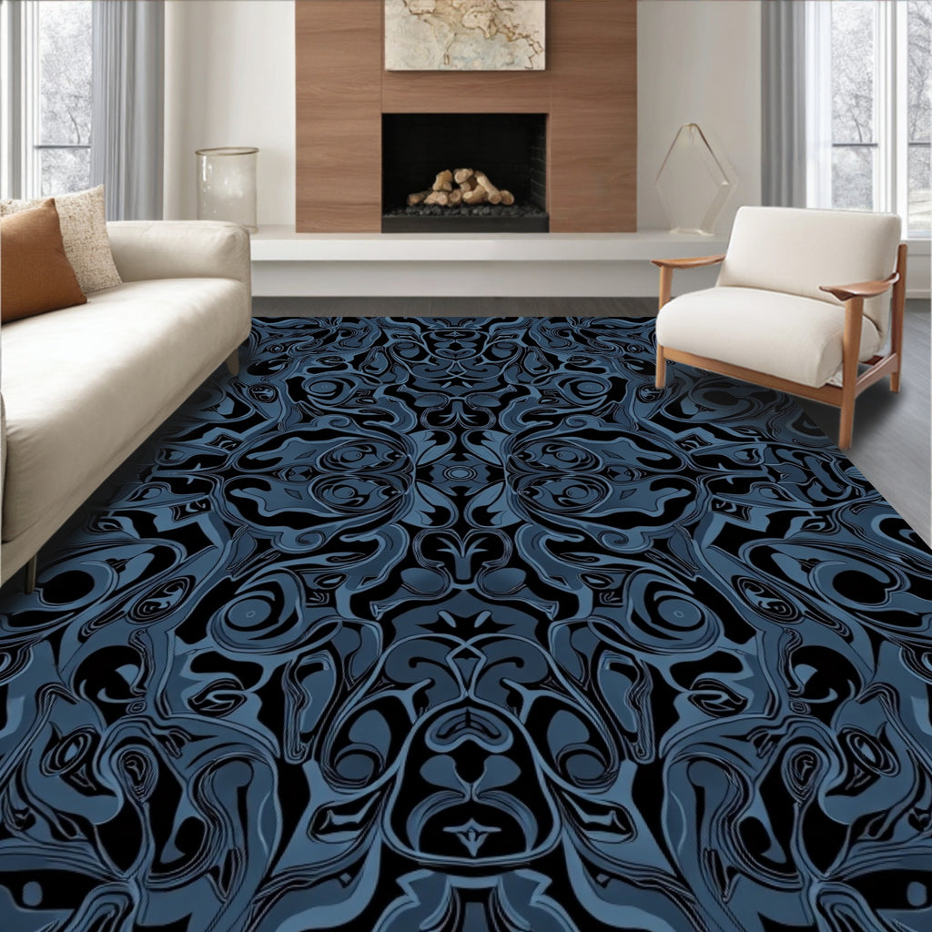 Deep Blue Abstract Paisley Swirl Rug