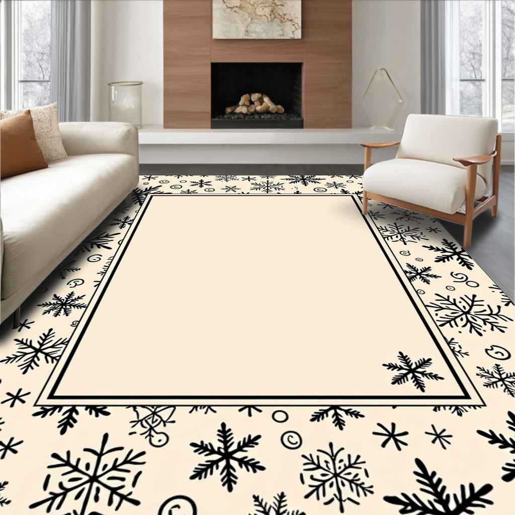 Black Snowflake Cream Background Holiday Rug