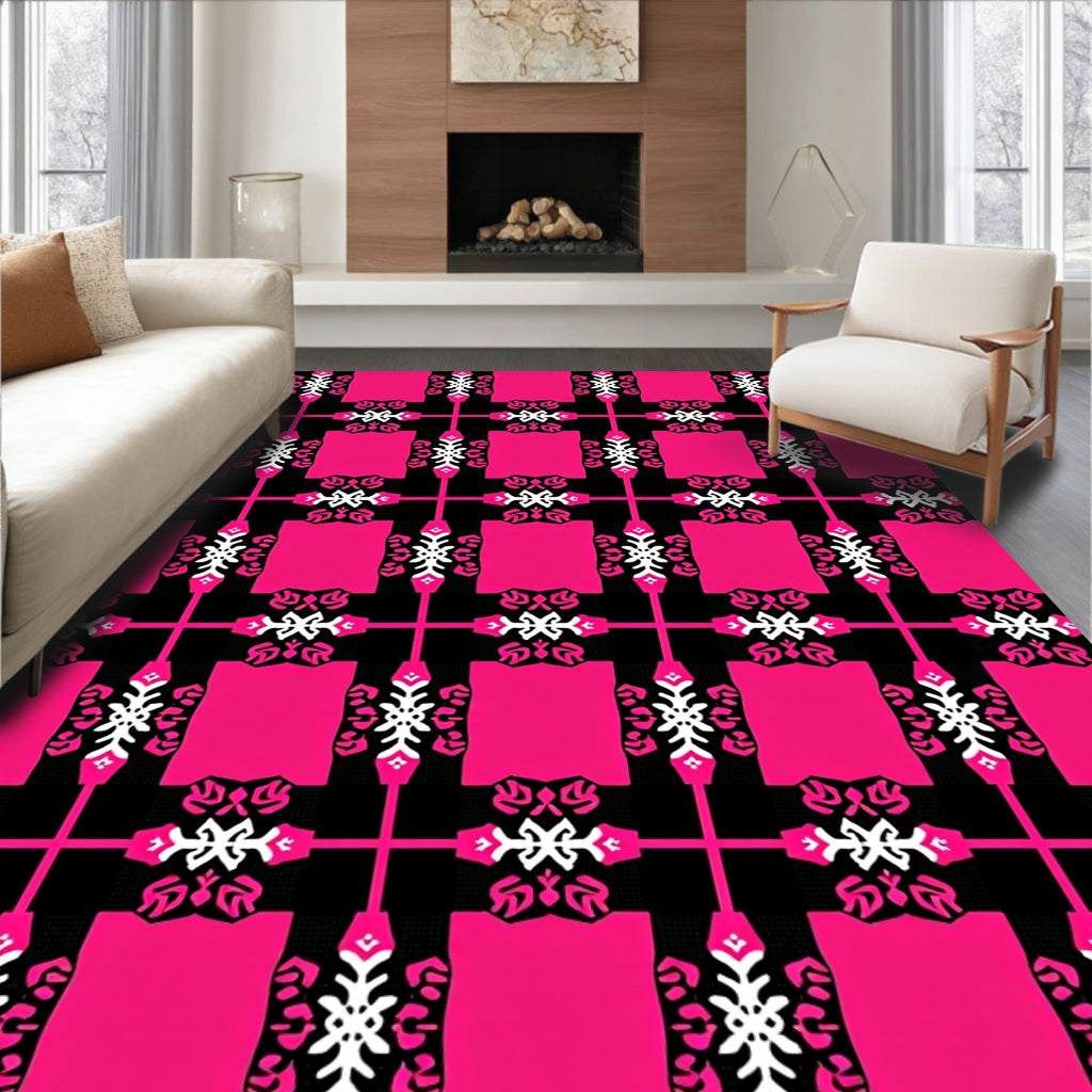 Hot Pink Black White Bold Geometric Rug