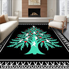 Black Aqua Red Folk Tree Figures Rug