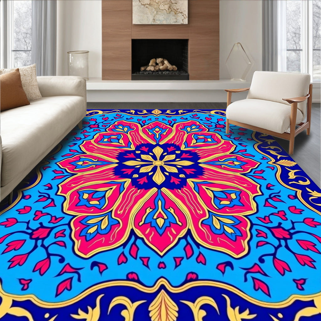 Vibrant Pink Blue Yellow Floral Mandala Rug
