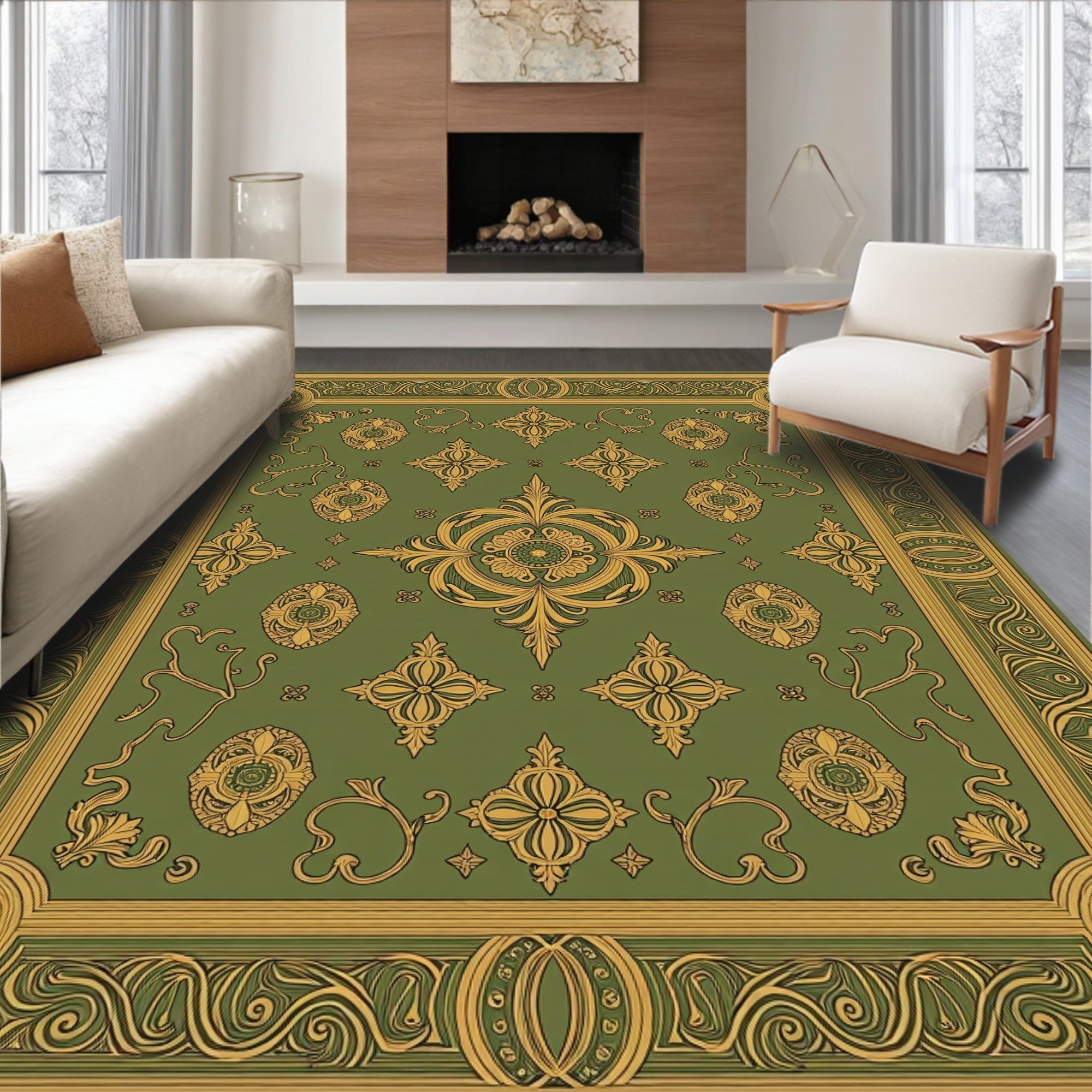 Ornate Green Gold Scrollwork Medallion Rug