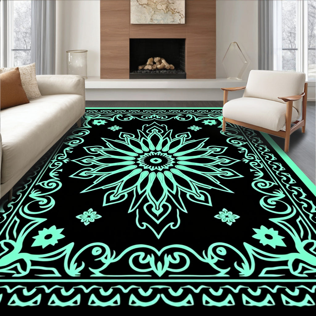 Black Mint Floral Mandala Border Rug