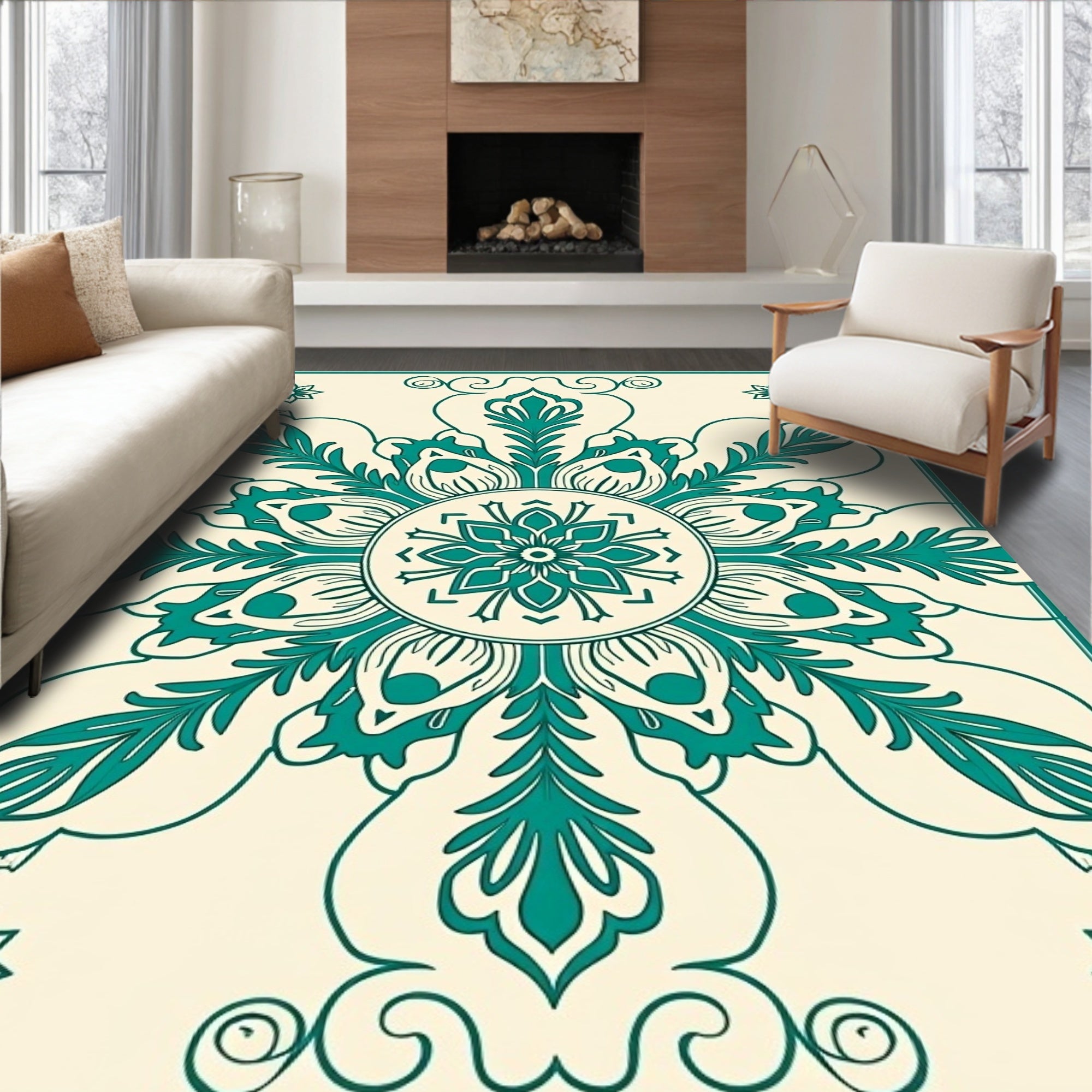 Teal Floral Medallion Cream Rug
