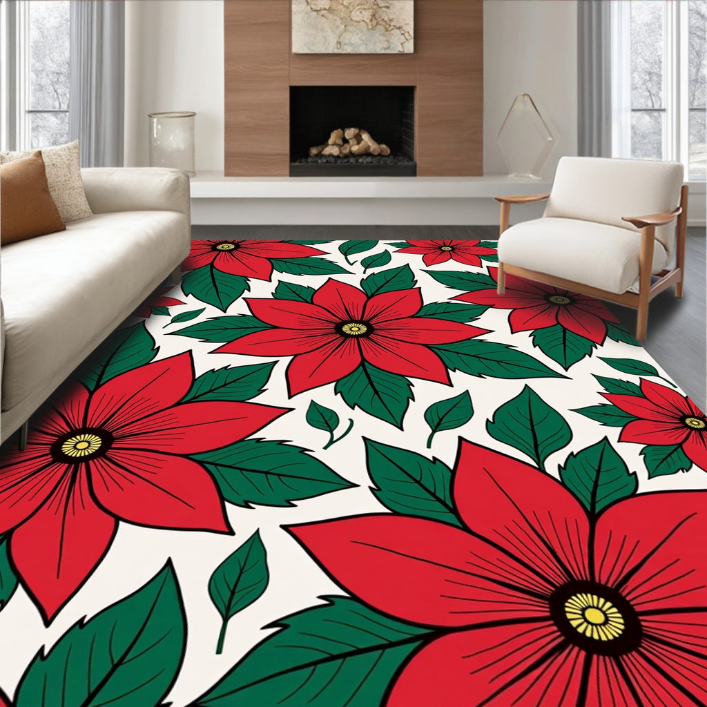Bold Red Poinsettia Floral Collection Rug