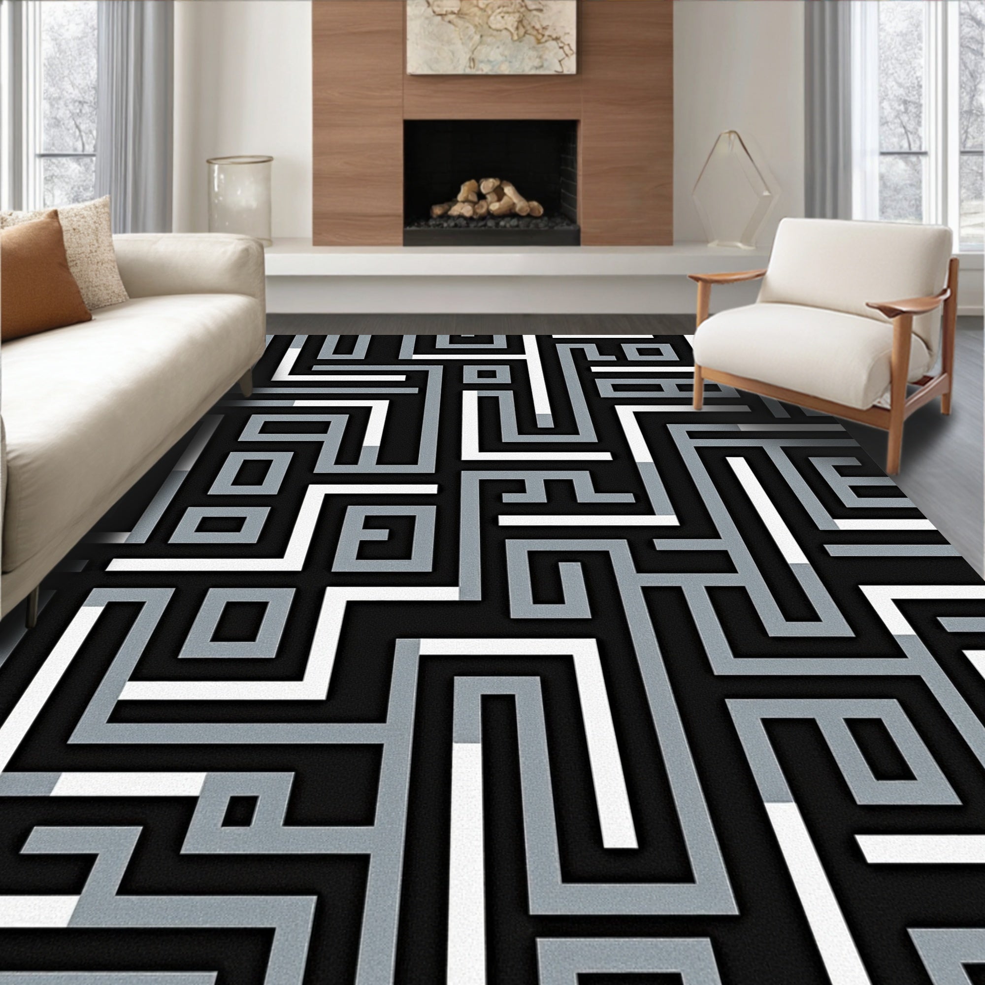 Monochromatic Maze Graphic Accents Rug