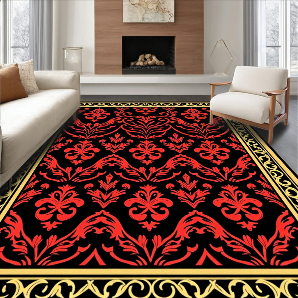 Bold Red Floral Damask Frame Rug