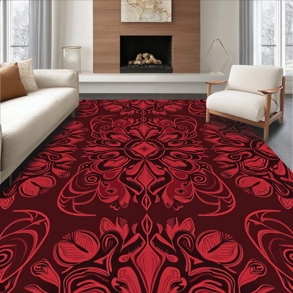 Deep Red Floral Mandala Rug