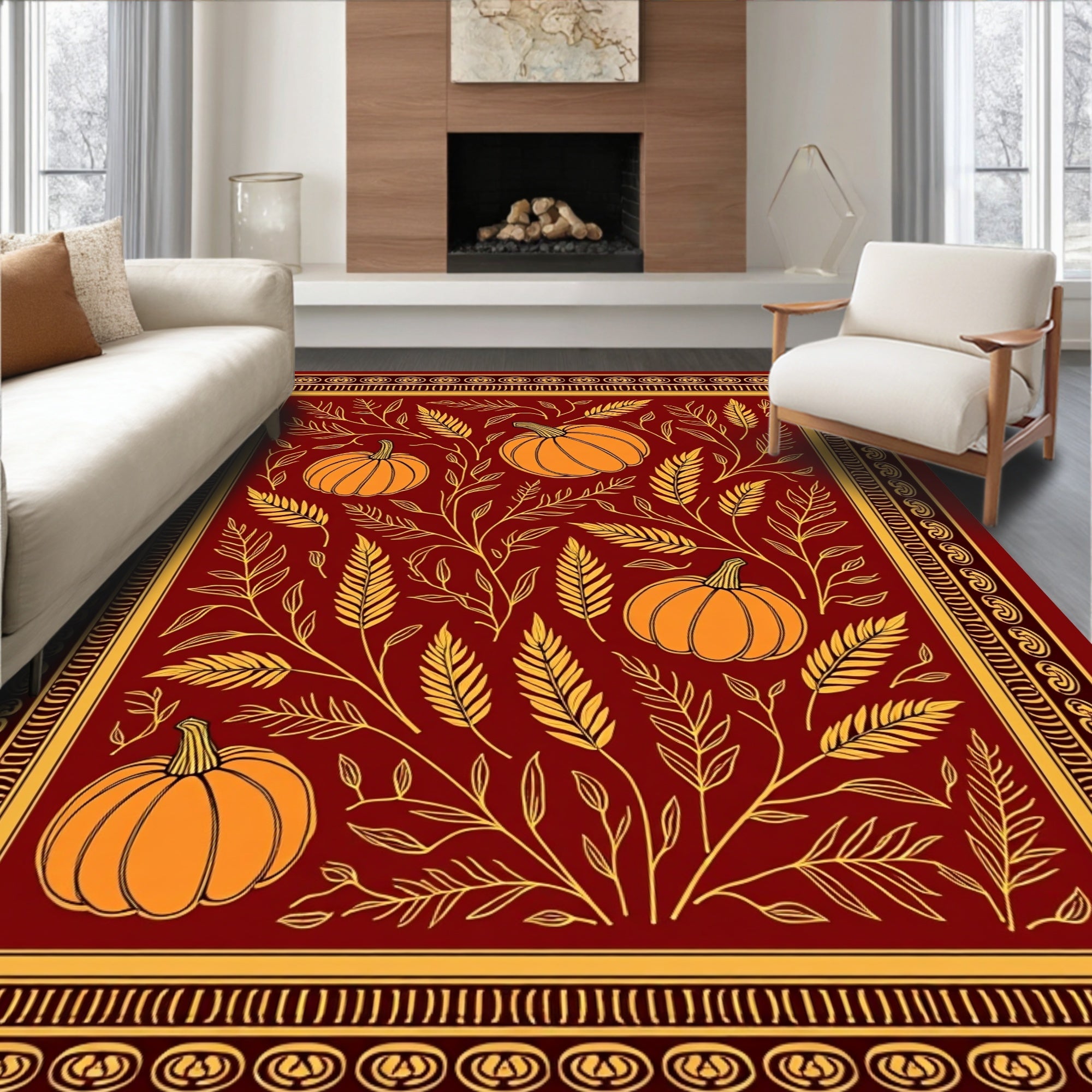 Autumn Pumpkin Foliage Scrollwork Border Rug