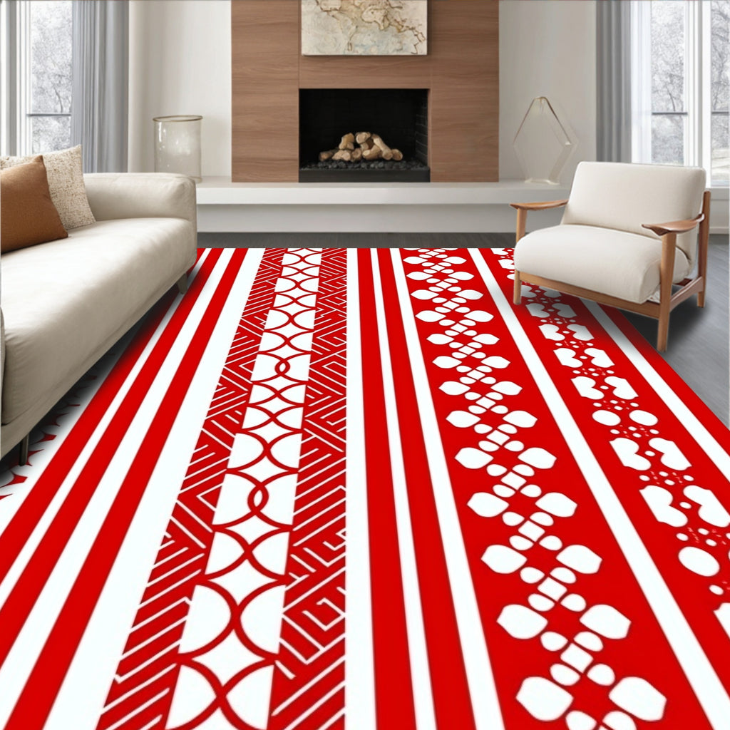 Red White Geometric Stripe Medallion Rug