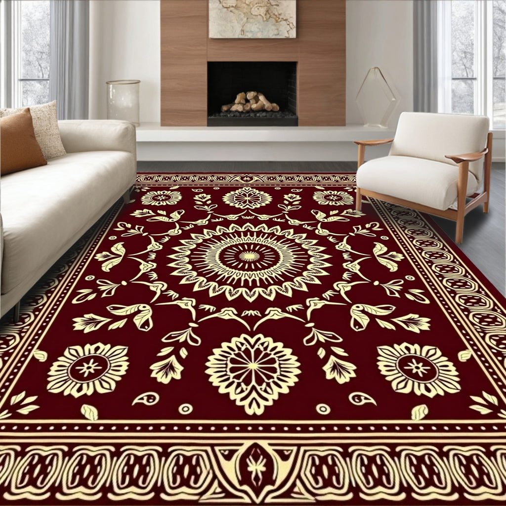 Rich Crimson Floral Mandala Border Rug
