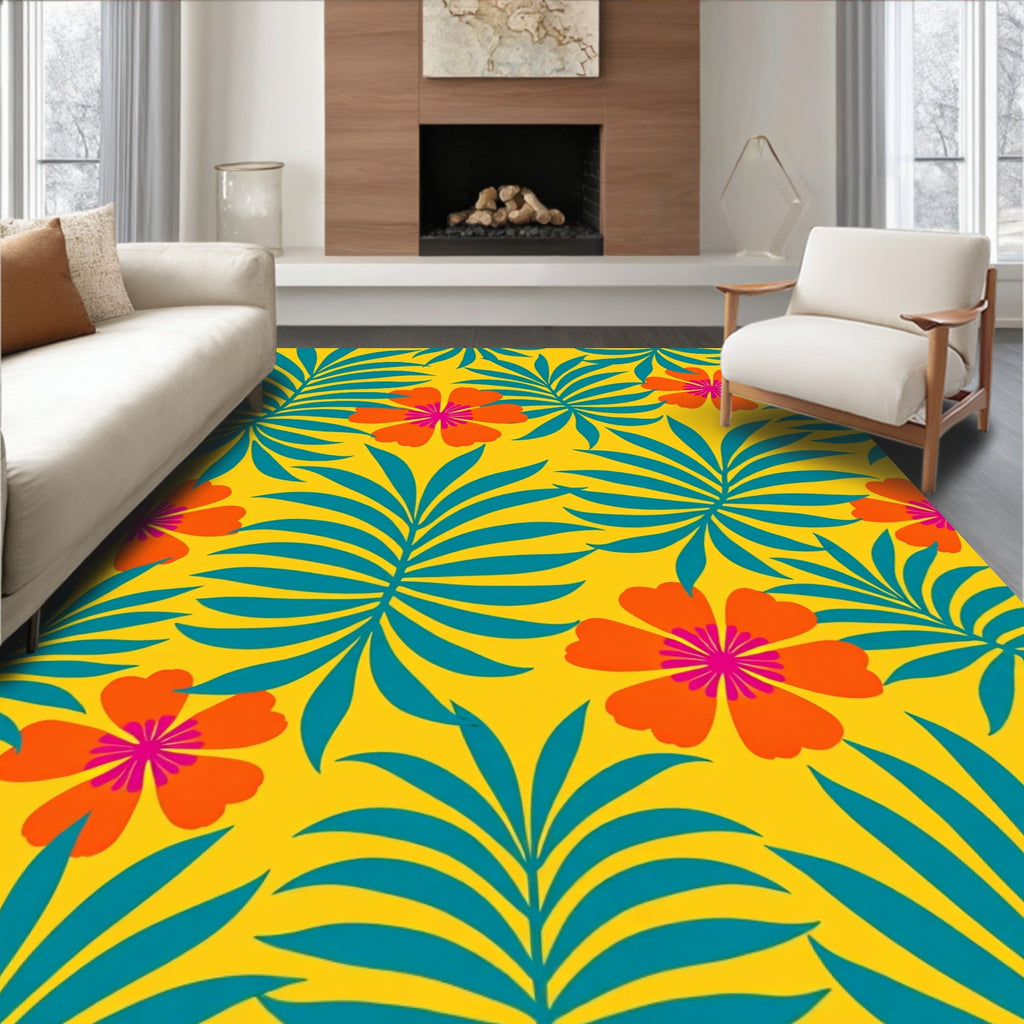 Vibrant Orange Floral Teal Palm Rug