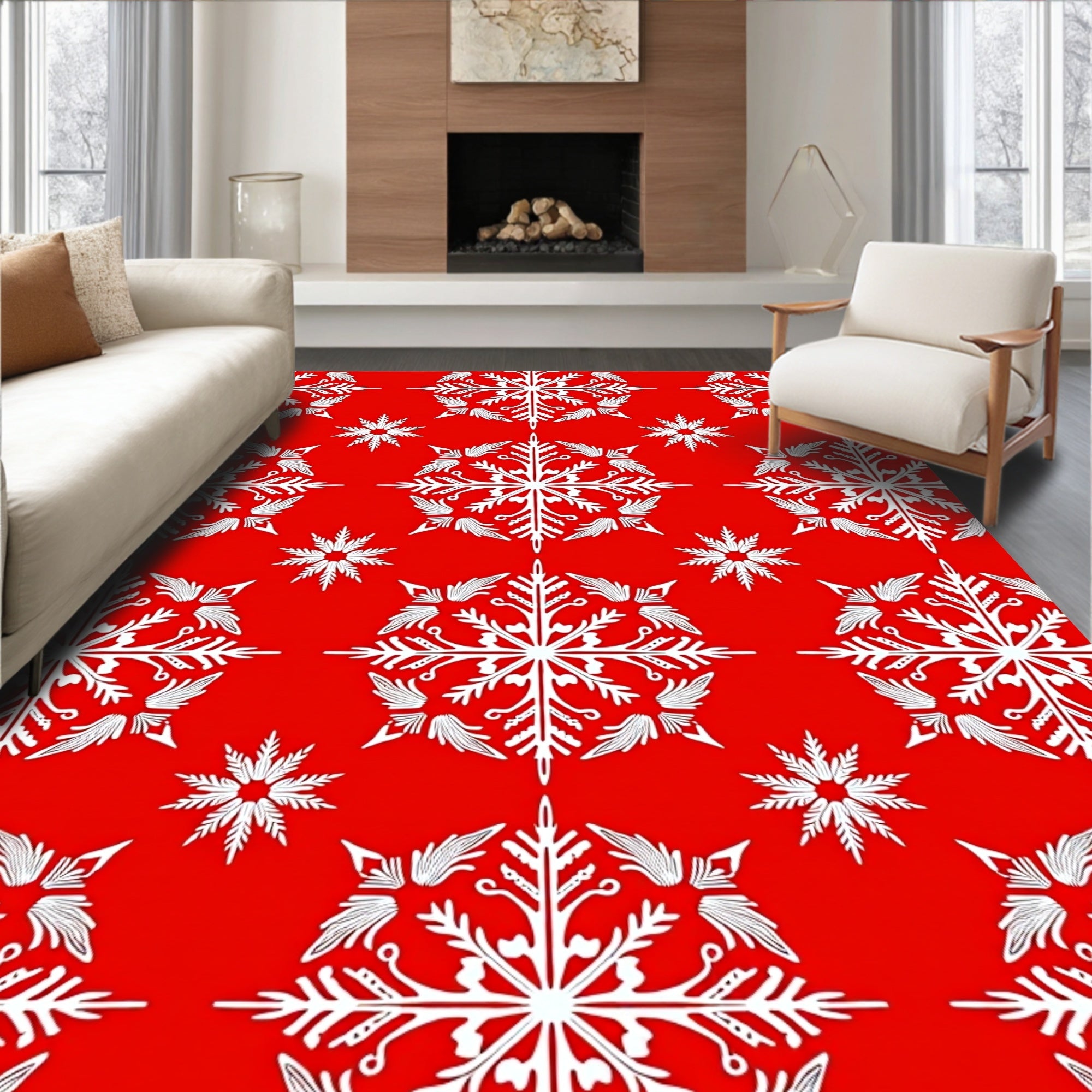 Crimson White Snowflake Collage Rug