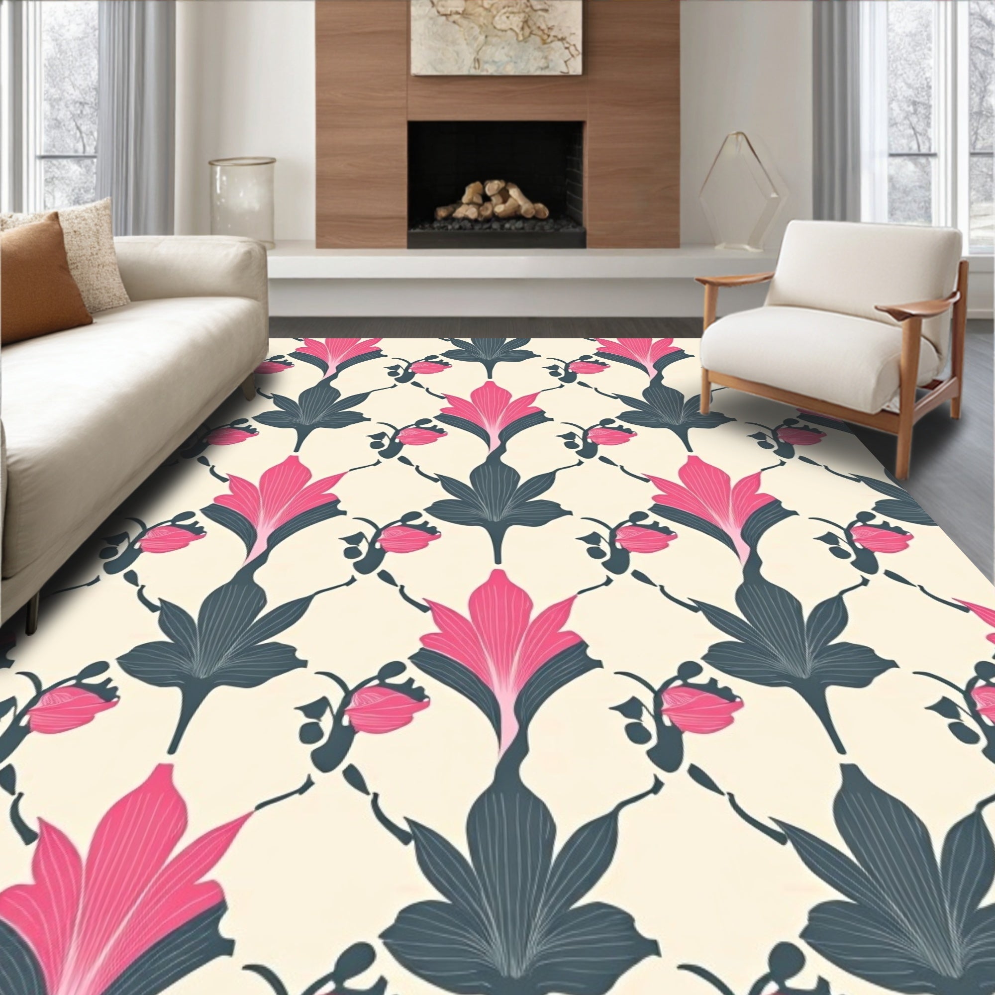 Art Nouveau Pink Blue Floral Lattice Rug