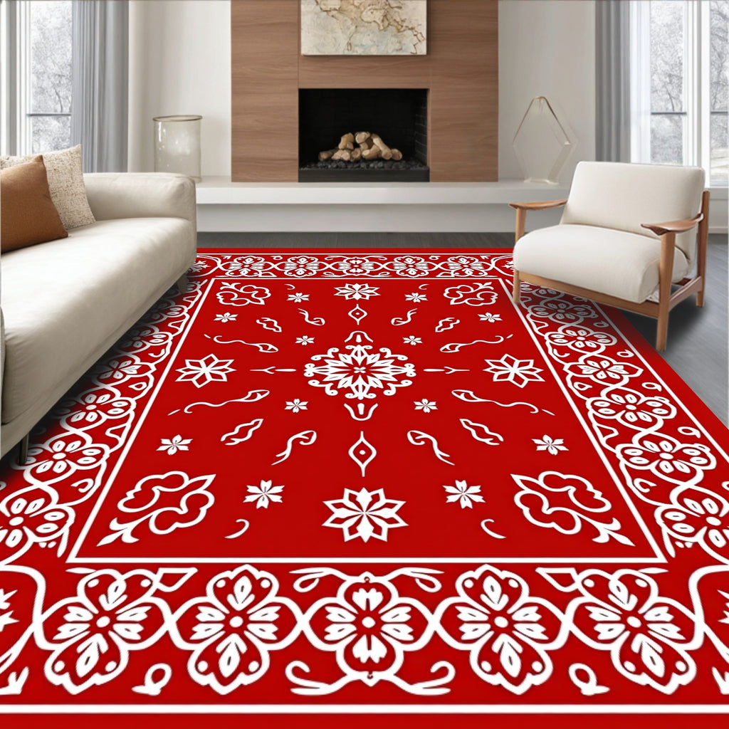Red White Symmetrical Floral Garden Rug
