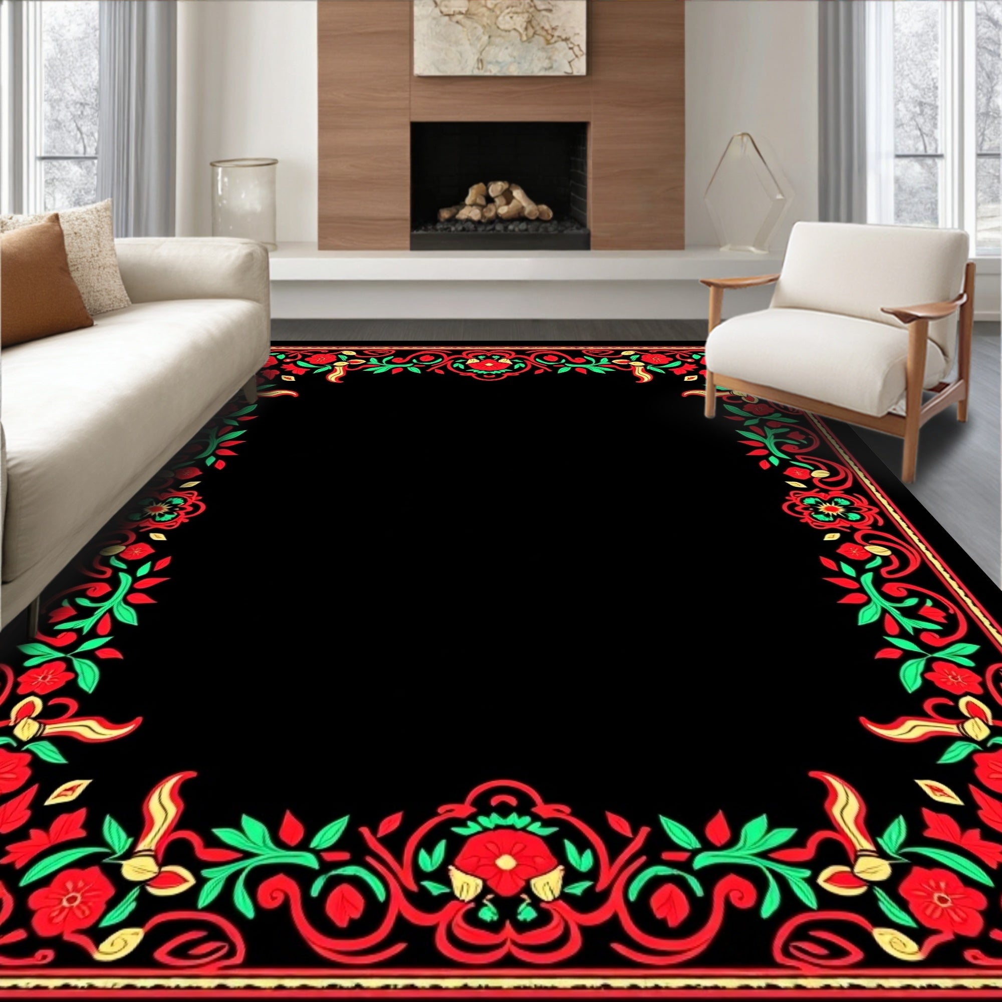 Red Green Floral Vine Border Rug
