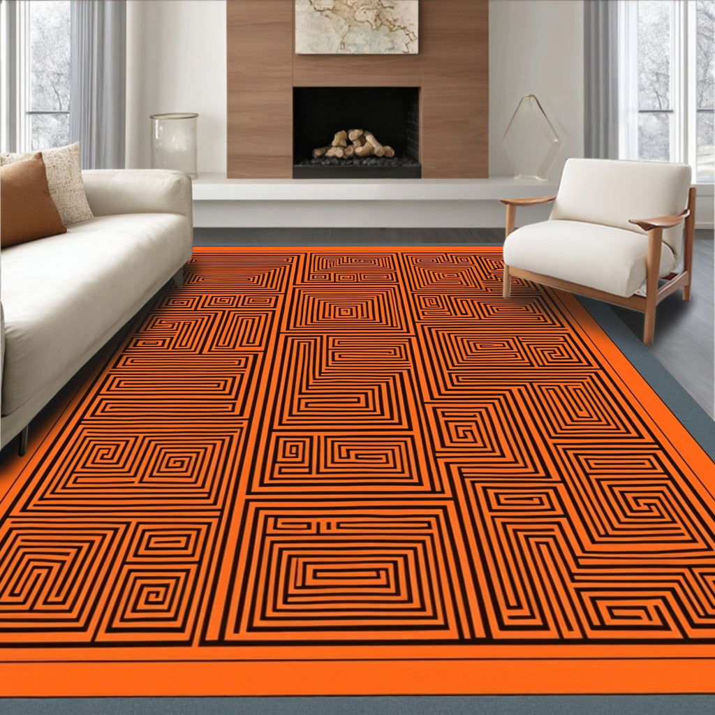 Orange Black Geometric Maze Rug