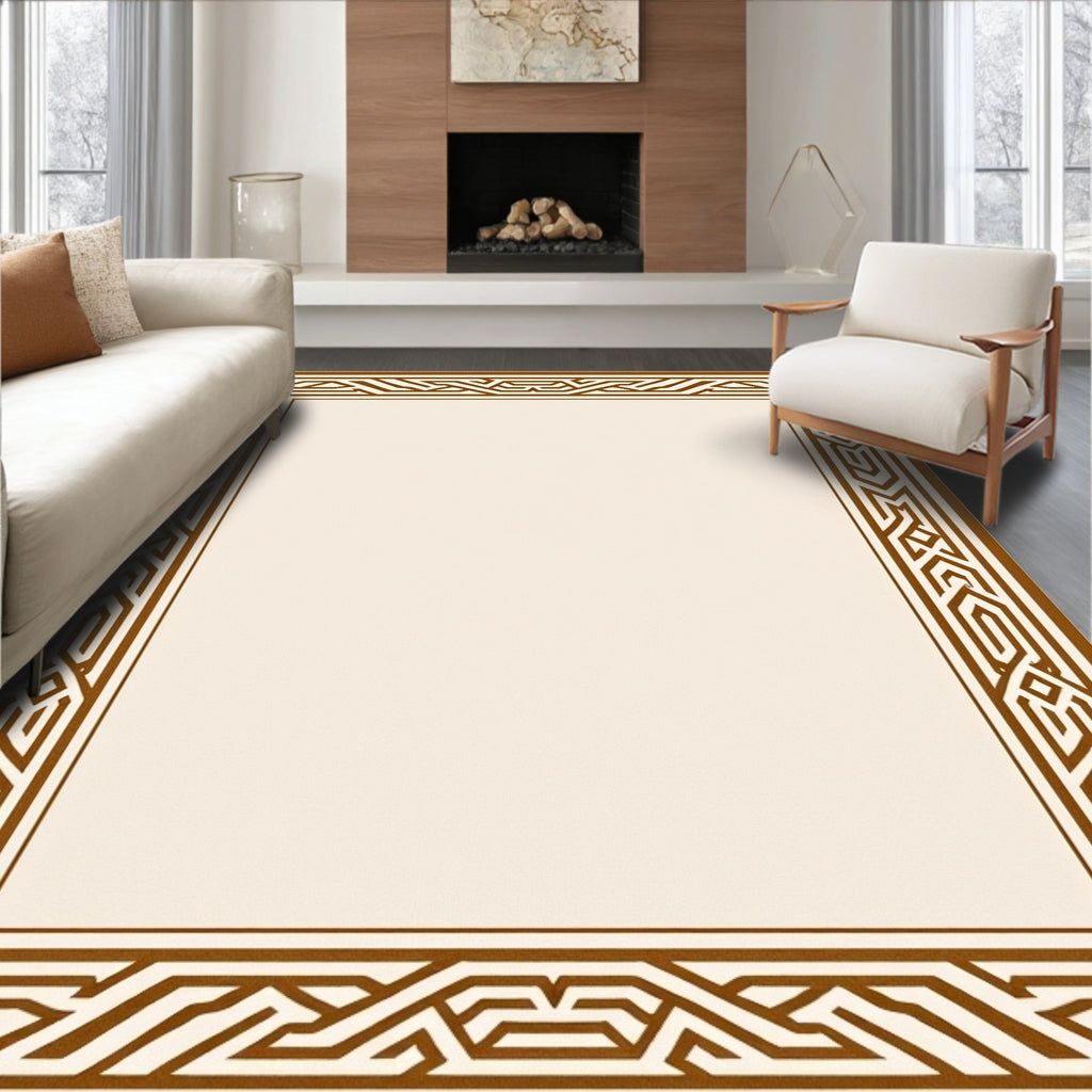 Rich Brown Geometric Interlocking Border Rug