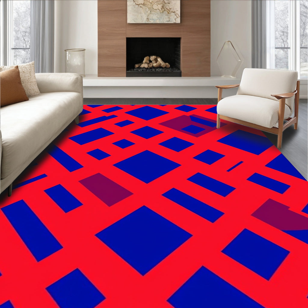 Bold Blue Red Interlocking Squares Rug