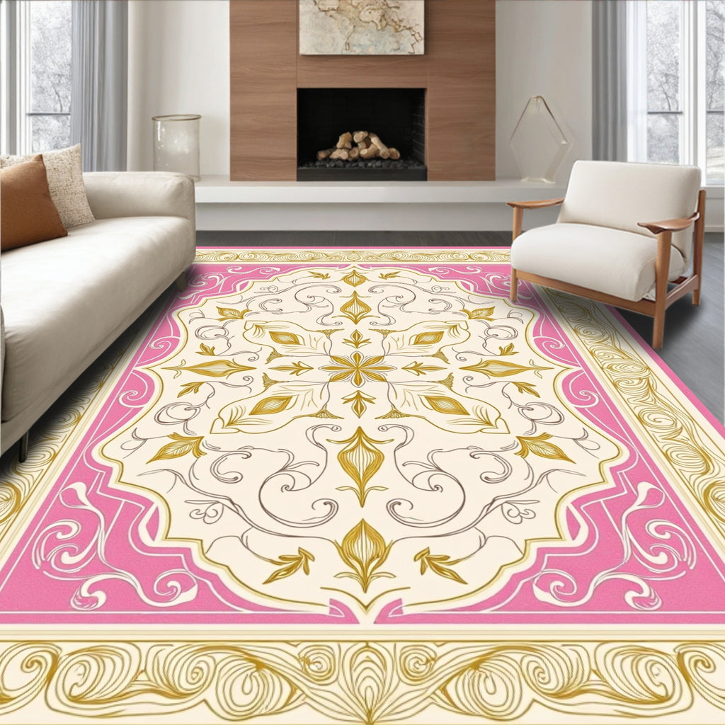 Ornate Pink and Gold Medallion Lace Rug