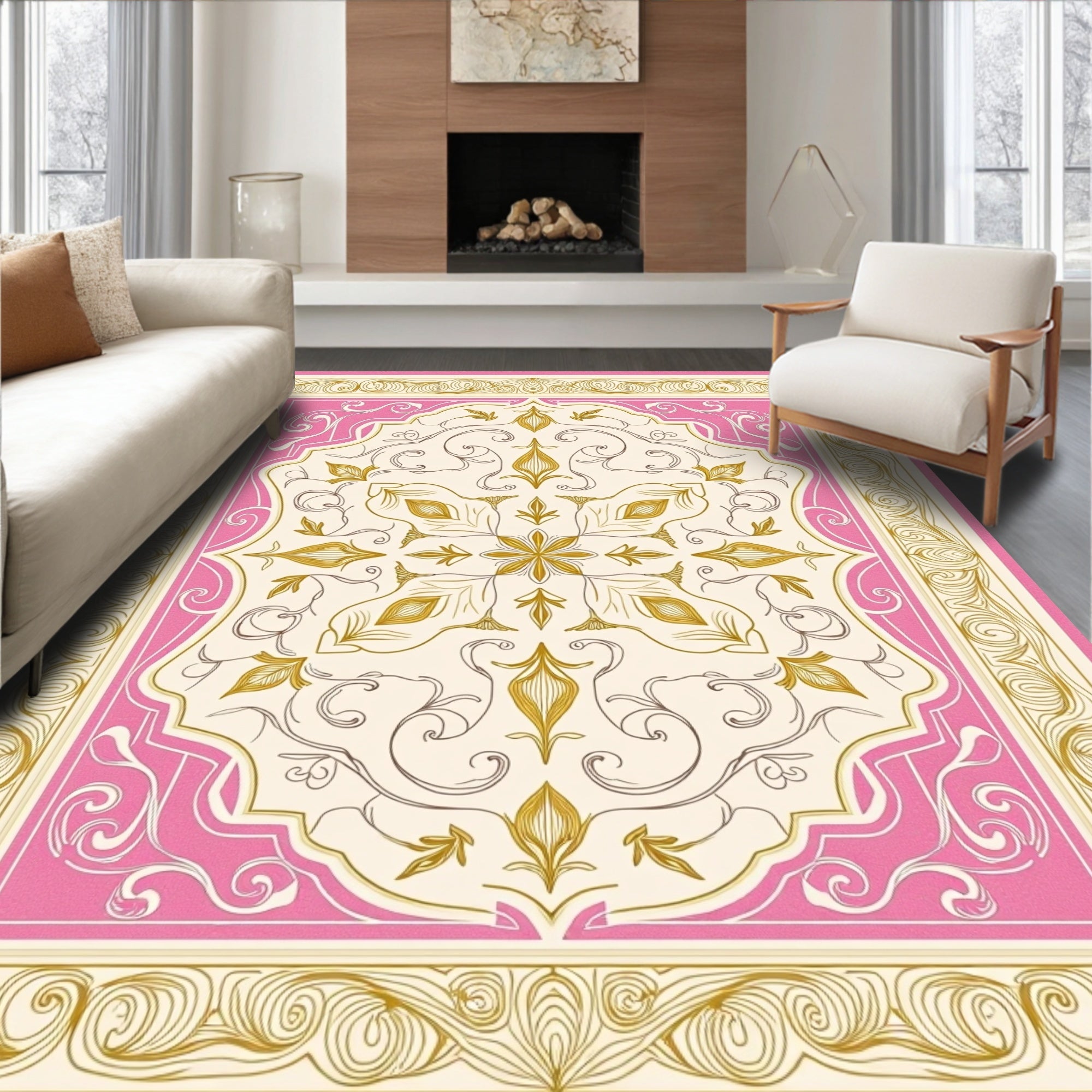 Ornate Pink and Gold Medallion Lace Rug