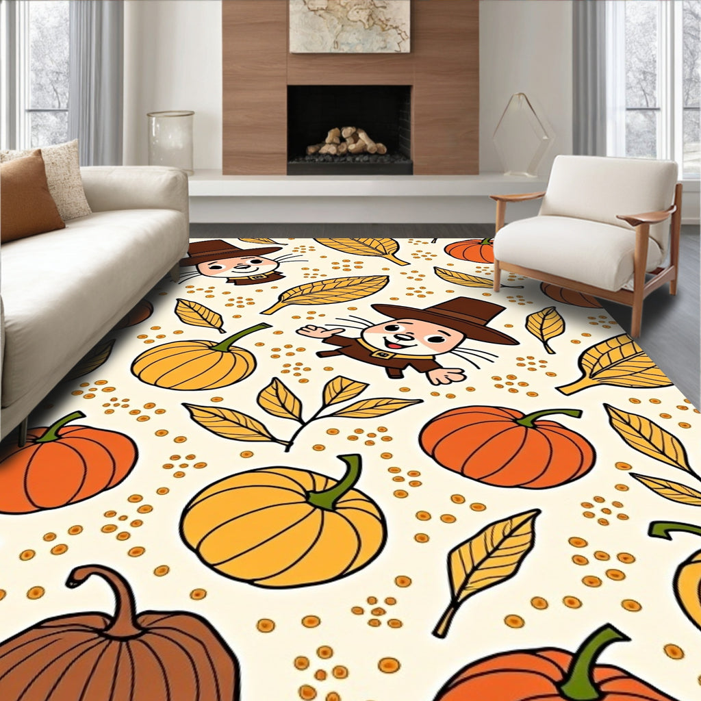 Autumn Pilgrim Critter Pumpkin Leaf Arrangement Rug